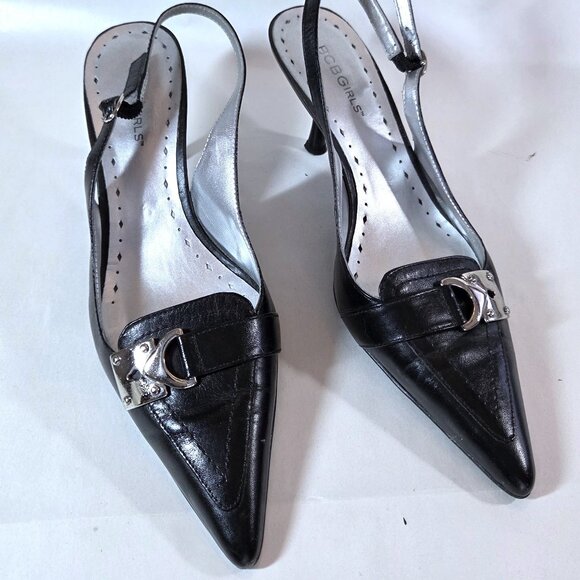 BCBGirls Black Leather Kitten Heel Sling Back Shoes Size 8 - Picture 2 of 4